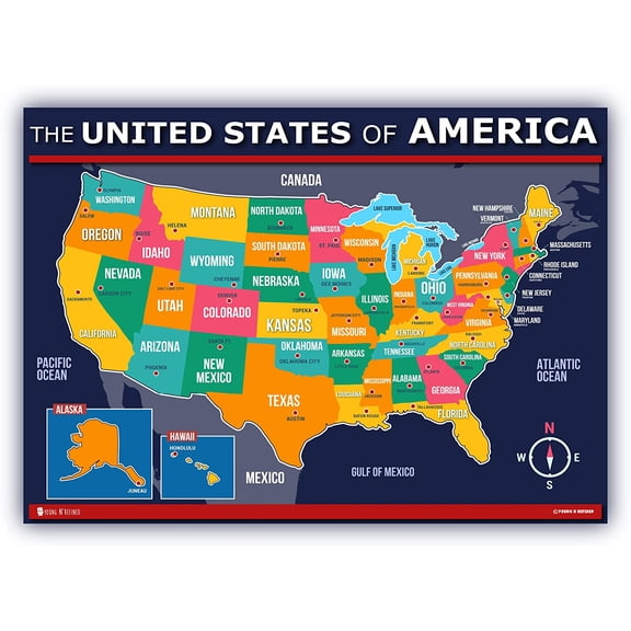 Young N Refined Map of USA Printed 24" x 30" Framed Poster