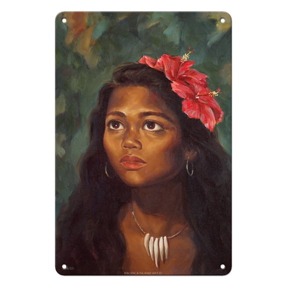 Young Native Girl from Hawaii - Vintage Hawaiian Hula Dancers c.1940s - 8 x 12 inch Vintage Metal Tin Sign