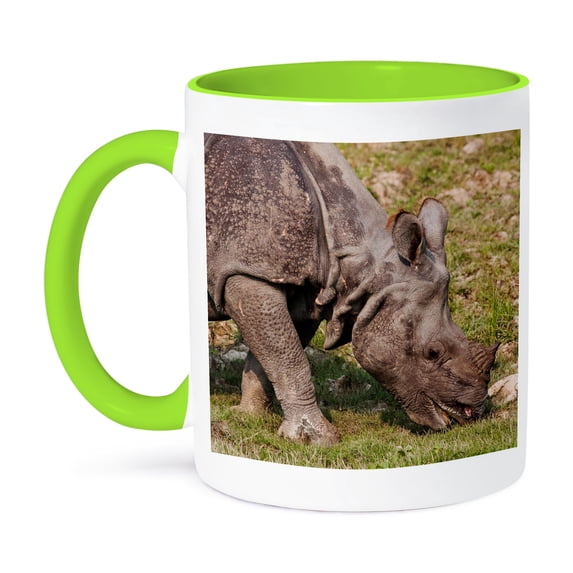 3dRose, Young One-horned Rhinoceros feeding, Kaziranga NP., 15oz Two-Tone Green Mug