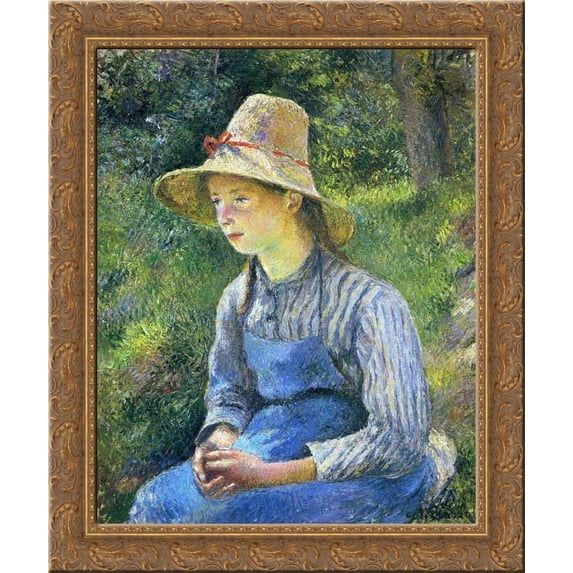 Young Peasant Girl Wearing a Hat 20x24 Gold Ornate Wood Framed Canvas Art by Pissarro, Camille