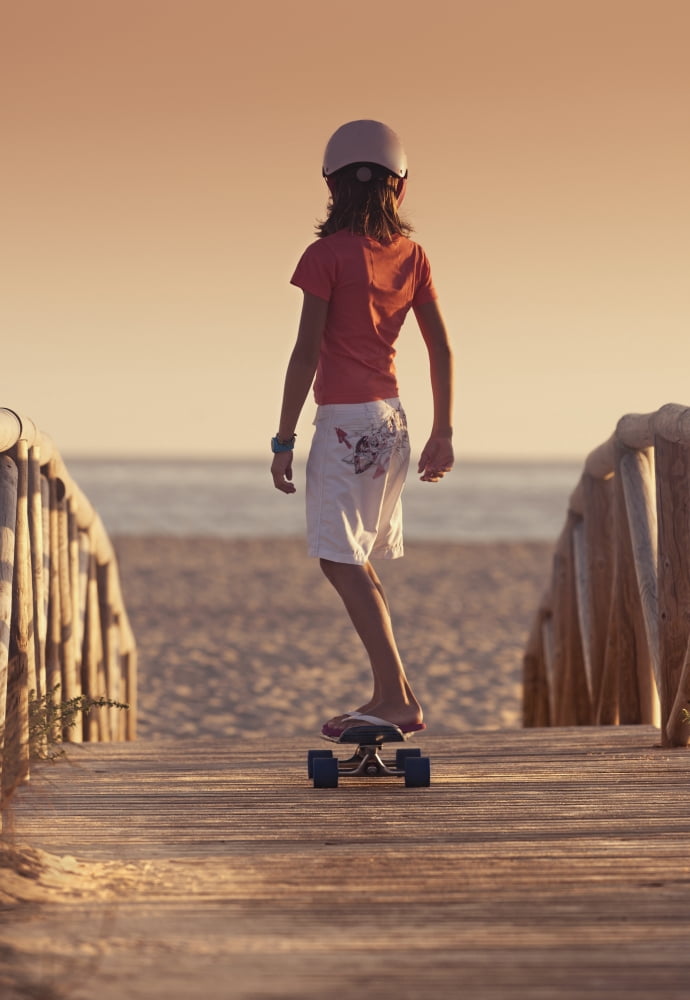 A Young Person Skateboarding With Bare Feet Over A Wooden Boardwalk Towards The Beach Tarifa Cadiz Andalusia Spain Canvas Art - Ben Welsh Design Pics (24 x 36)