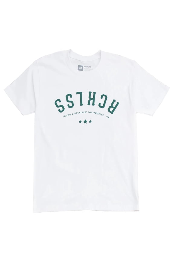 Men's Upside Down Reckless Logo Graphic Tee T-Shirt (Medium, White)