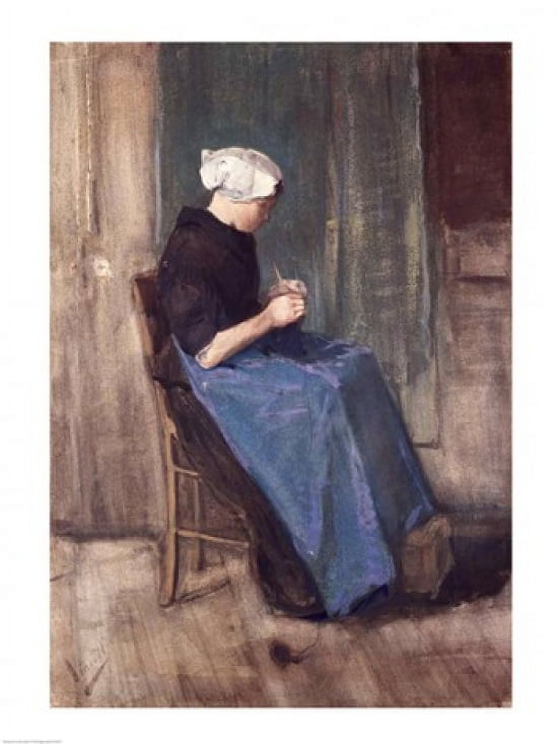 Young Scheveningen Woman Knitting Facing Right Canvas Art - Vincent Van Gogh (18 x 24)