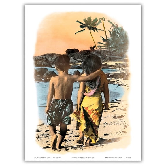 Young Sweethearts - Hawaiian Children (Keiki) Walk on the Beach - From an Original Hand Colored Photograph by Himani - Master Art Print (Unframed) 9in x 12in
