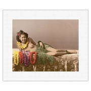 Young Topless Hawaiian Girl - Classic Vintage Hand-Colored Tinted Art - Vintage Hawaiian Real Photo Postcard c.1943 - Fine Art Rolled Canvas Print (Unframed) 11in x 14in