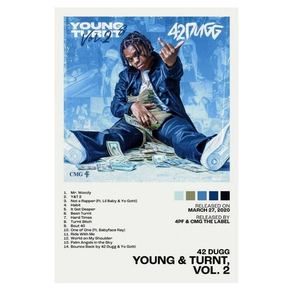 Young & Turnt 2 Deluxe 42 Dugg Album Cover Music Poster Rap Home Decor For Living Room Hip-Hop Aesthetic Rapper Album Wall Art Records Poster Wall Decor For Bedroom