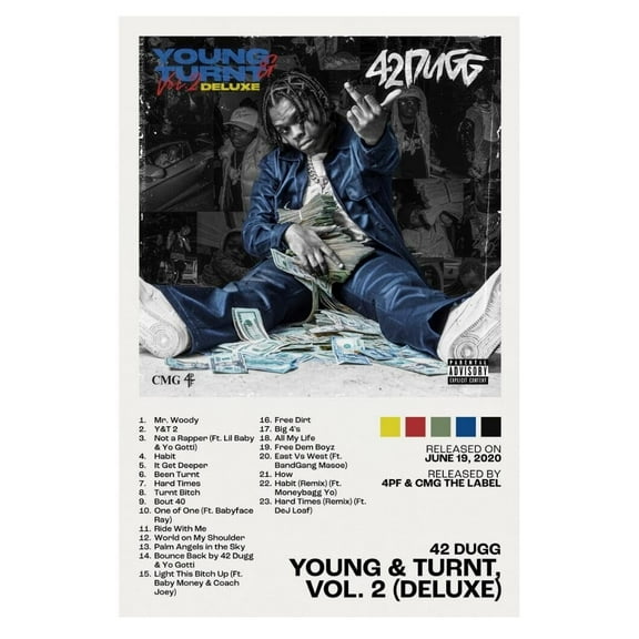 Young & Turnt 2 (Deluxe) 42 Dugg Album Cover Music Poster Rap Home Decor For Living Room Hip-Hop Aesthetic Rapper Album Wall Art Records Poster Wall Decor For Bedroom