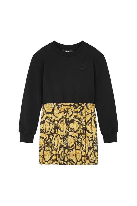 Barocco Logo Print Pleated Dress, Size 6Y