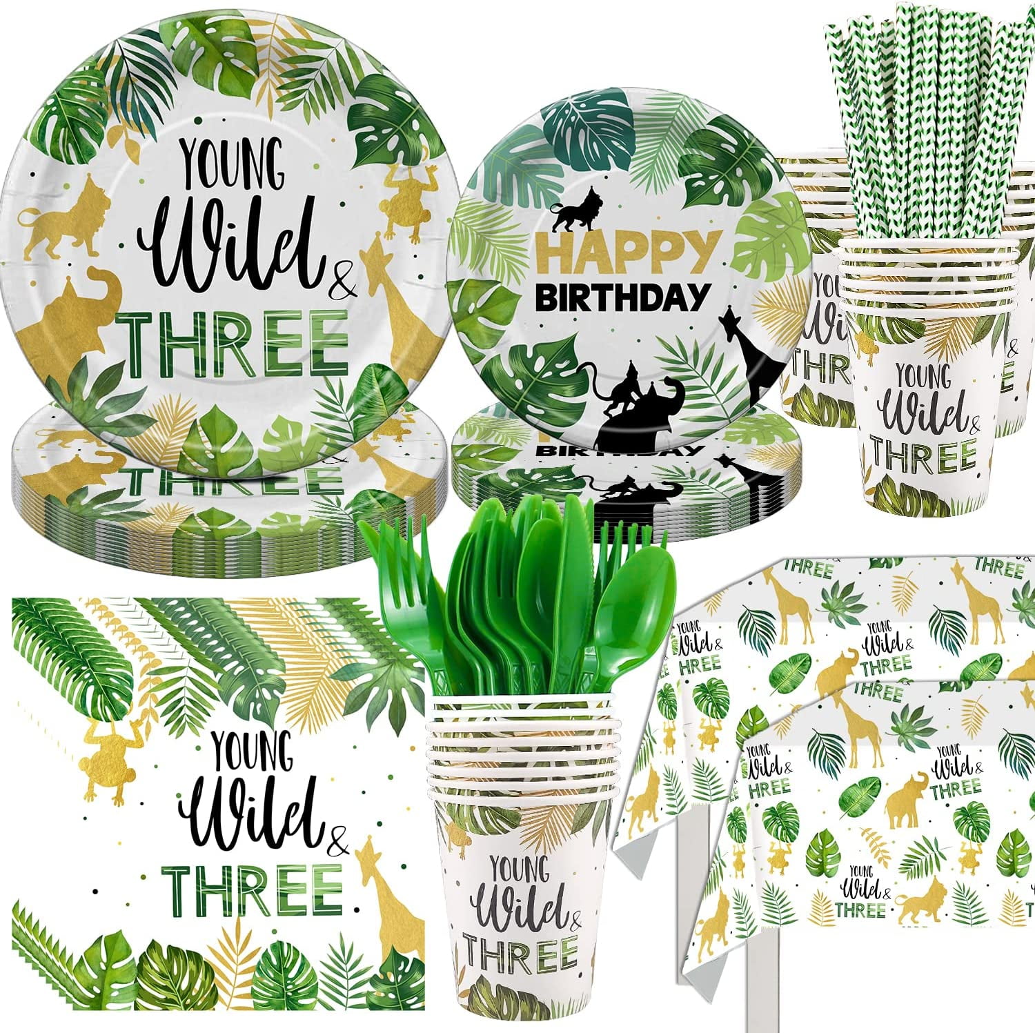 Young Wild And Three Decorations Tableware - Safari Jungle Theme 3rd Birthday Party Supplies - 24 Set of Plates, Cups, Napkins, Cutlery, Straws, and Tablecloths - Perfect for 3 Year Old Boy's Birthday