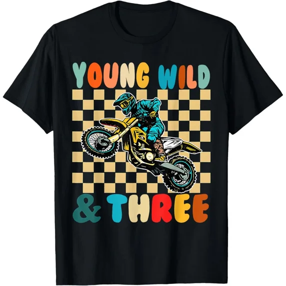 Young Wild And Three Monster Motorcycle 3rd Birthday Kids Unisex T-Shirt, up to size 5XL