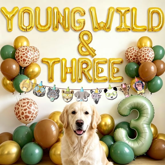 Young Wild & Three 3rd Birthday Party Decorations - Wild Theme All-in-One Set with Animal Banner & Balloons
