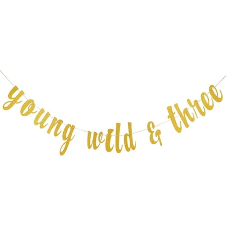 Young Wild & Three Banner Gold Glitter, Young Wild and Three Decorations, Happy Birthday 3rd Banner, 3rd Birthday Decorations