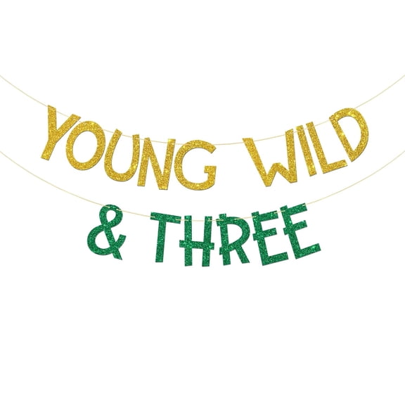 Young Wild & Three Banner, Gold Green Glitter, Kid Boy Girl 3rd Birthday Bunting Banner, Three Birthday, Three Years Old Birthday, Wildlife Forest Themed Birthday Party Decoration Supplies