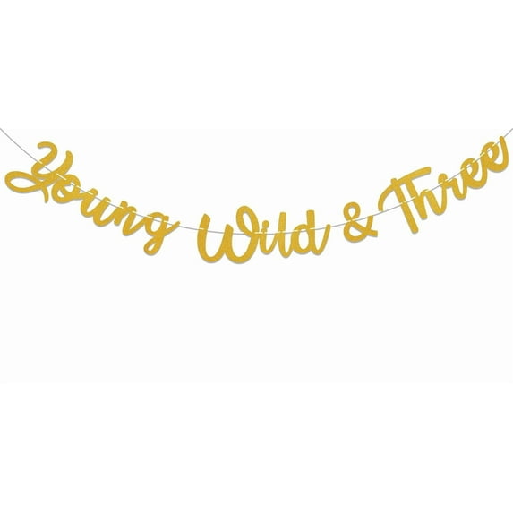 Young Wild & Three Banner for Kids/Boys/Girls 3rd Birthday Party Decorations, Wild Themed Birthday Decorations for Child Gold Glitter