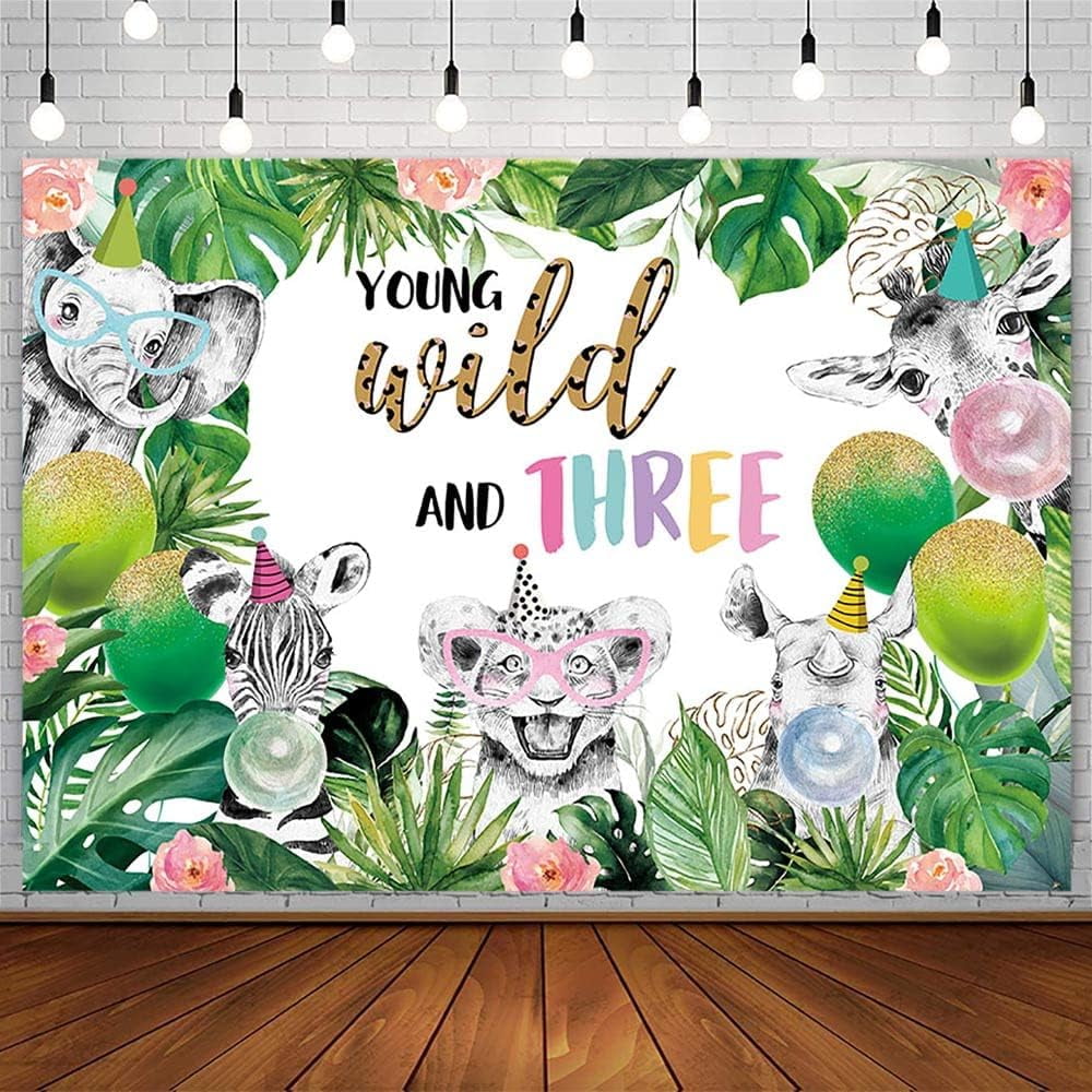 Avezano 7x5ft Young Wild And Three Birthday Backdrop Gold Safari Floral Animals Third Birthday Party Background Vinyl Gold Dots Safari Animals Birthday Party Backdrops Decorations For Girls