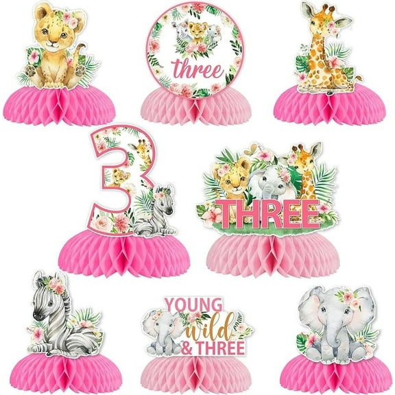 Young Wild and Three Birthday Decorations for Girl, Safari Centerpieces for Tables, Double-Sided Printing Pink Jungle Safari Animal Centerpiece Honeycomb for Table Safari 3rd Birthday Decorations