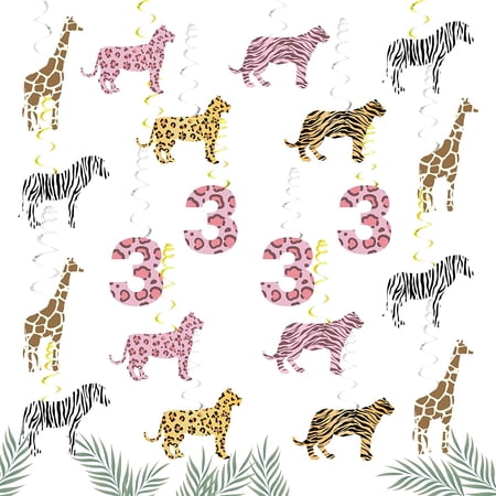 Young Wild and Three Decorations Girl Safari - Jungle Animal Hanging Swirls with Pink Cheetah Number 3 Ceiling Swirls for Tropical Woodland Forest Theme 3rd Birthday Party