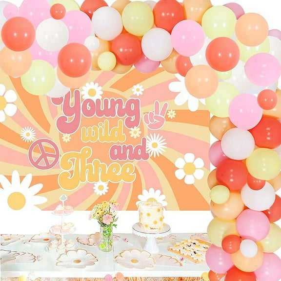 Young and Wild Three Decorations Girl, Three Groovy Birthday Decorations with Backdrop Retro Hippie Boho Daisy Flower 3rd Birthday Supplies Balloon Garland Kit