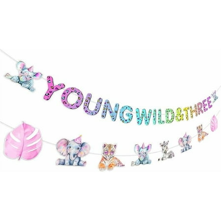 Young Wild and Three Party Decoration Cheetah Print Banner Jungle Safari Animal Garland DIY Craft Required Neon for Tropical Forest Animal Safari 3rd Three Years Old Birthday Decoration Girl