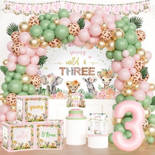 Young Wild and Three Party Decorations, 3 Year Old Birthday Decorations Girl, Jungle Safari Animal Theme 3rd Birthday Party Supplies Backdrop Balloon Banner Box Poster Cake Topper$$