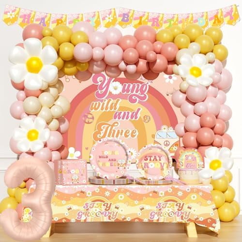 Young Wild and Three Party Decorations Girl, 3rd Birthday Decorations Girl, Boho Daisy Hippie Third Party Supplies, Retro Balloon Backdrop Banner Tablecloth Cake Topper Plates Napkins Forks