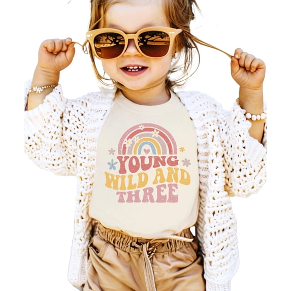 Young Wild Three Retro Rainbow Adorable 3rd Birthday Shirt for Infant Baby Toddler Girl Third Birthday Outfit Natural Shirt 4T