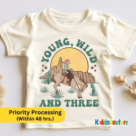 Young Wild And Three Shirt, Retro 3Rd Birthday Shirt, Third Birthday Party Kids Shirt, Western Cowboy Kids Shirt, 3 Year Old Birthday Tee TODDLER SHORT SLEEVE TEE BELLA CANVAS 3001T