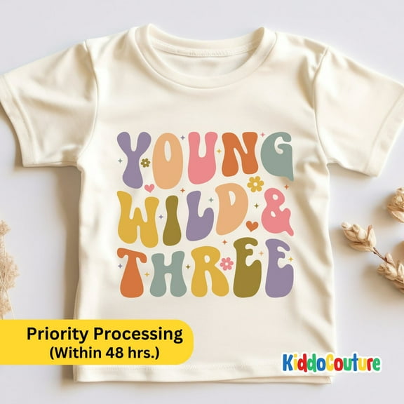 Young Wild And Three T-Shirt, 3Rd Birthday Kids Shirt, Retro Third Birthday Shirt, Groovy 3Rd Birthday Party Shirt, 3Rd Birthday T-Shirt TODDLER SHORT SLEEVE TEE BELLA CANVAS 3001T