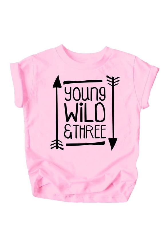 Young Wild and Three Arrows 3rd Birthday T-Shirts for Girls and Boys Third Birthday Outfit Black on Pink Shirt 5-6