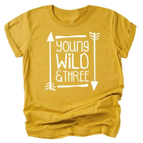 Young Wild and Three Arrows 3rd Birthday T-Shirts for Girls and Boys Third Birthday Outfit White on Mustard Shirt 5-6
