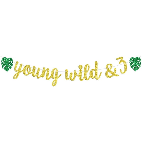 Young Wild and Three Banner, Boys Girls 3rd Birthday Banner, Jungle Wild Safari Zoo Themed Glittery Happy 3rd Birthday Party Decorations Supplies