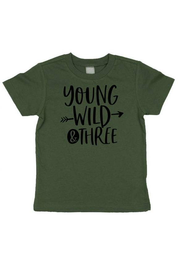 Young Wild and Three Boys 3rd Birthday Shirt for Boys Third Birthday Outfit Military Green Shirt 4T
