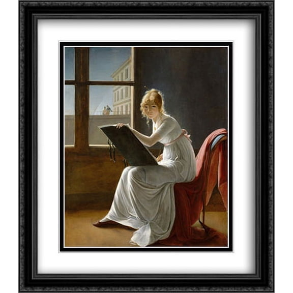 Young Woman Drawing 2x Matted 28x32 Large Black Ornate Framed Art Print by Marie-Denise Villers