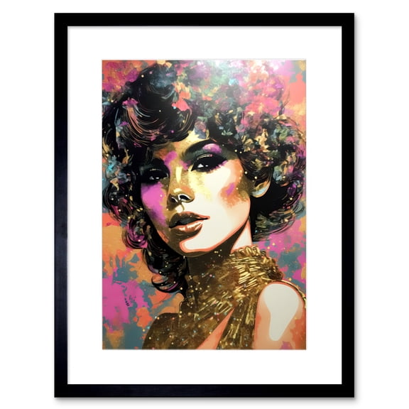 Young Woman Gold Glam Glitter Sparkle Aesthetic Splat Paint Portrait Teen Room Artwork Framed Wall Art Print 9X7 Inch
