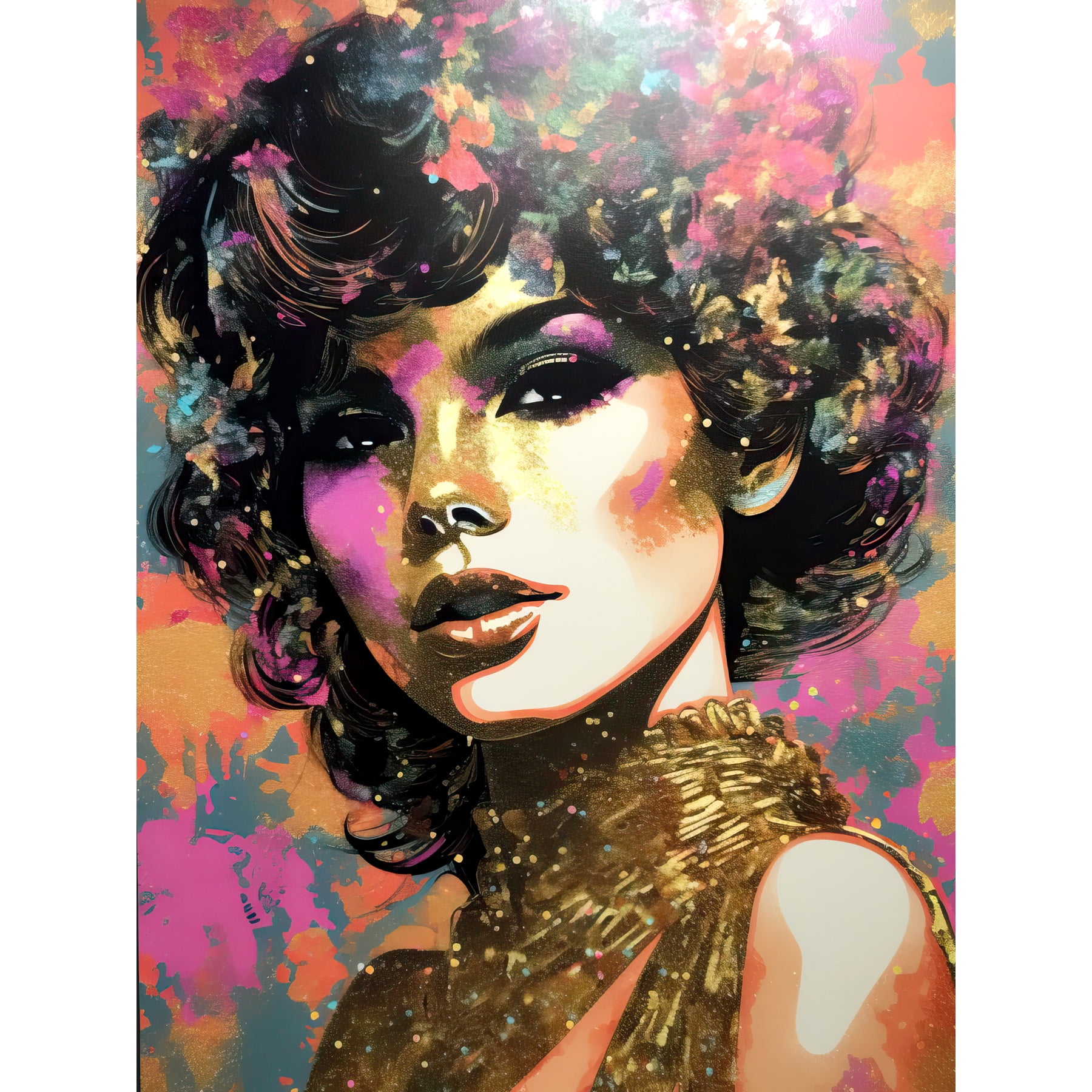 Young Woman Gold Glam Glitter Sparkle Aesthetic Splat Paint Portrait