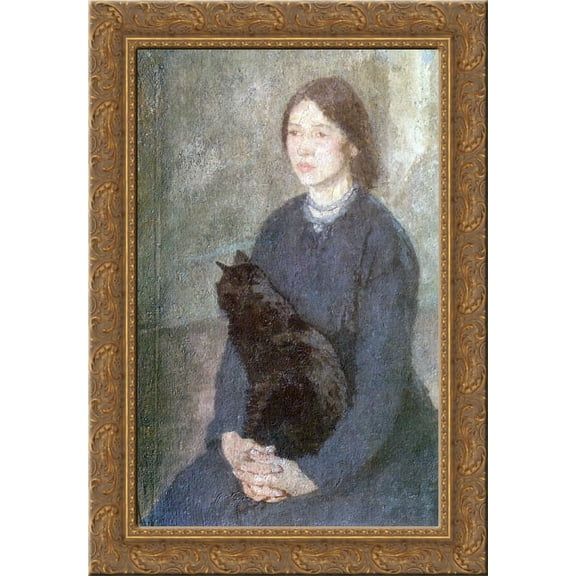 Young Woman Holding a Black Cat 24x16 Gold Ornate Wood Framed Canvas Art by Gwen John
