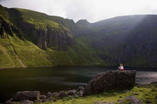 Young Woman Meditating Coumshingaun Lough Coeragh Mountains County Waterford Ireland Canvas Art - Panoramic Images (24 x 16)