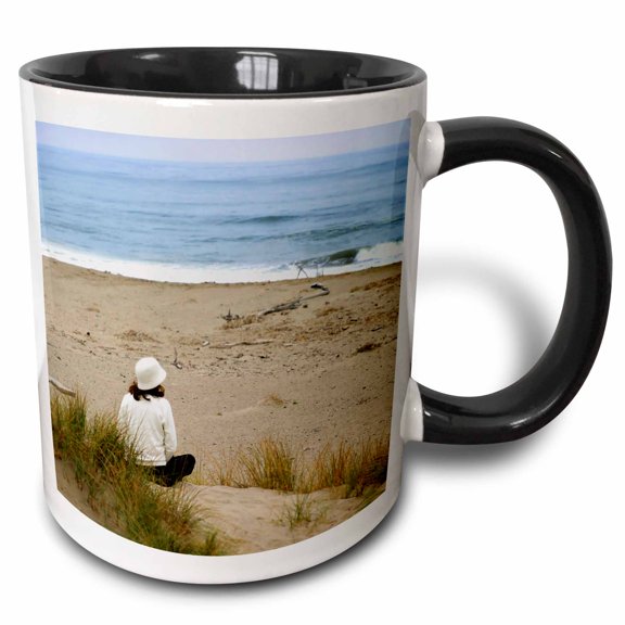 3drose, Young Woman Sitting at the Beach Looking Over the Ocean., 15oz Two-tone Black Mug
