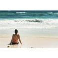 thumbnail image 1 of Young Woman Sitting on Sandy Beach in Water Looking Out at Waves Coming in & Poster Print - 38 x 24 in. - Large, 1 of 1
