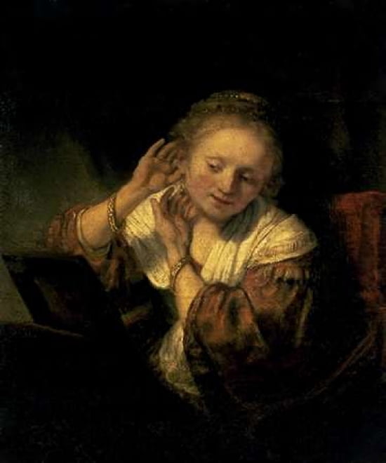 Young Woman Trying Earrings 1654 Canvas Art - Rembrandt (20 x 24)