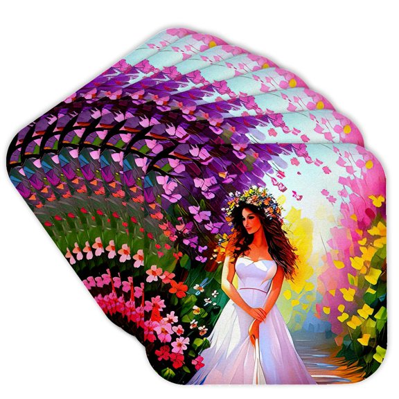 3drose, Young Woman Wears a Flower Garland. Pink Blossoms, Flowers. Gift, Set of 8 Coasters - Soft