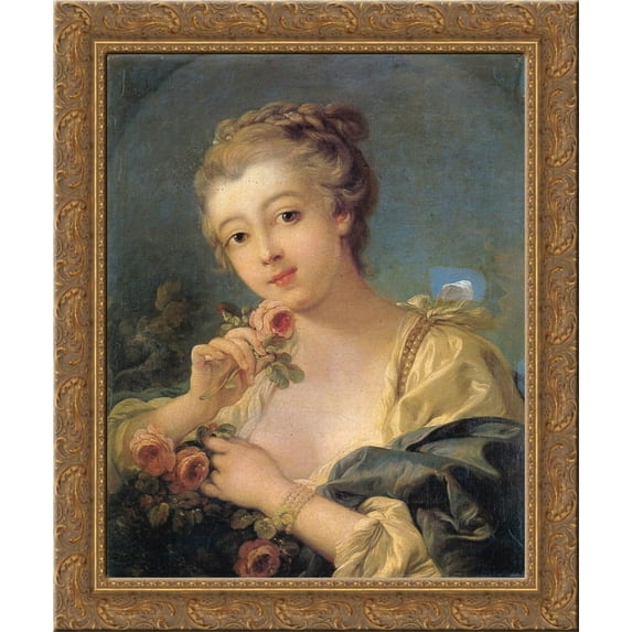 Young Woman with a Bouquet of Roses 24x20 Gold Ornate Wood Framed Canvas Art by Francois Boucher