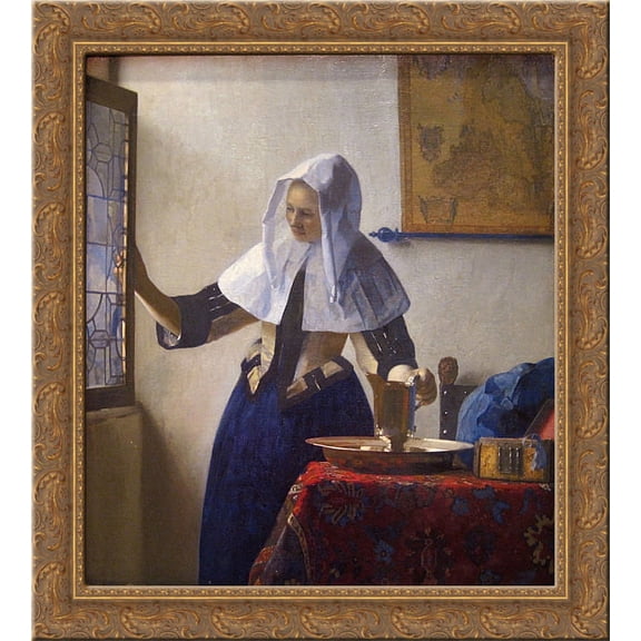 Young Woman with a Water Pitcher 24x20 Gold Ornate Wood Framed Canvas Art by Johannes Vermeer