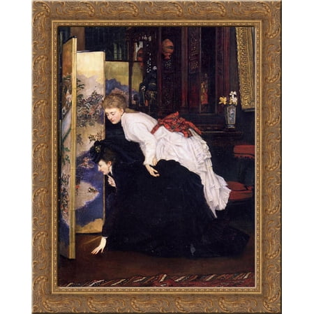 Young Women Looking at Japanese Objects 20x24 Gold Ornate Wood Framed Canvas Art by Tissot, James Jacques Joseph