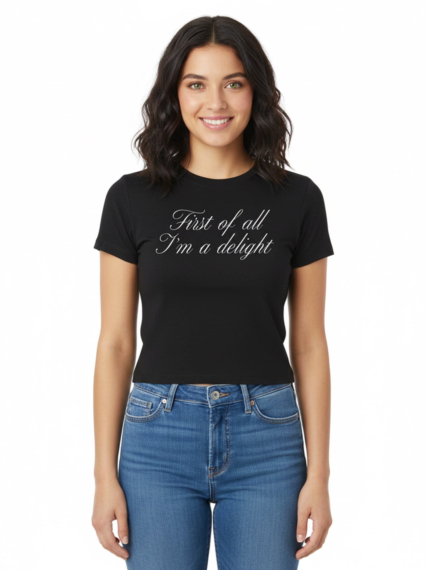 I'm a Delight Women's Graphic Cropped Baby Tee with Short Sleeves, Sizes XXS-XXL