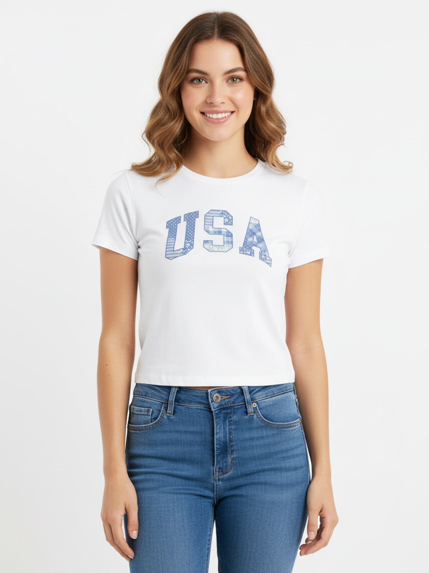 USA Patchwork Women's Graphic Cropped Baby Tee with Short Sleeves, Sizes XXS-XXL