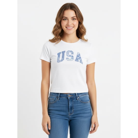 USA Patchwork Women's Graphic Cropped Baby Tee with Short Sleeves, Sizes XXS-XXL