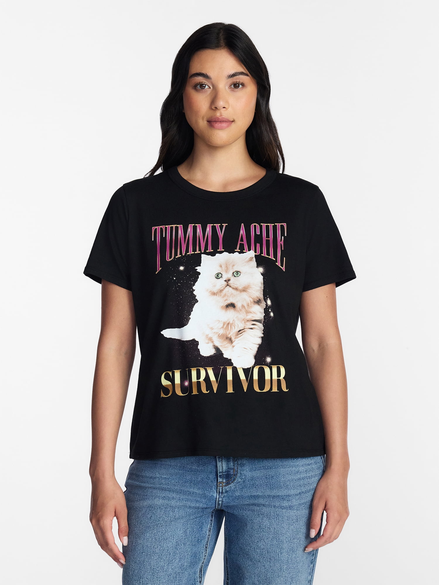 Young Women’s Graphic Everyday Short Sleeve Tee, Tummy Ache, Sizes XXS–XXL