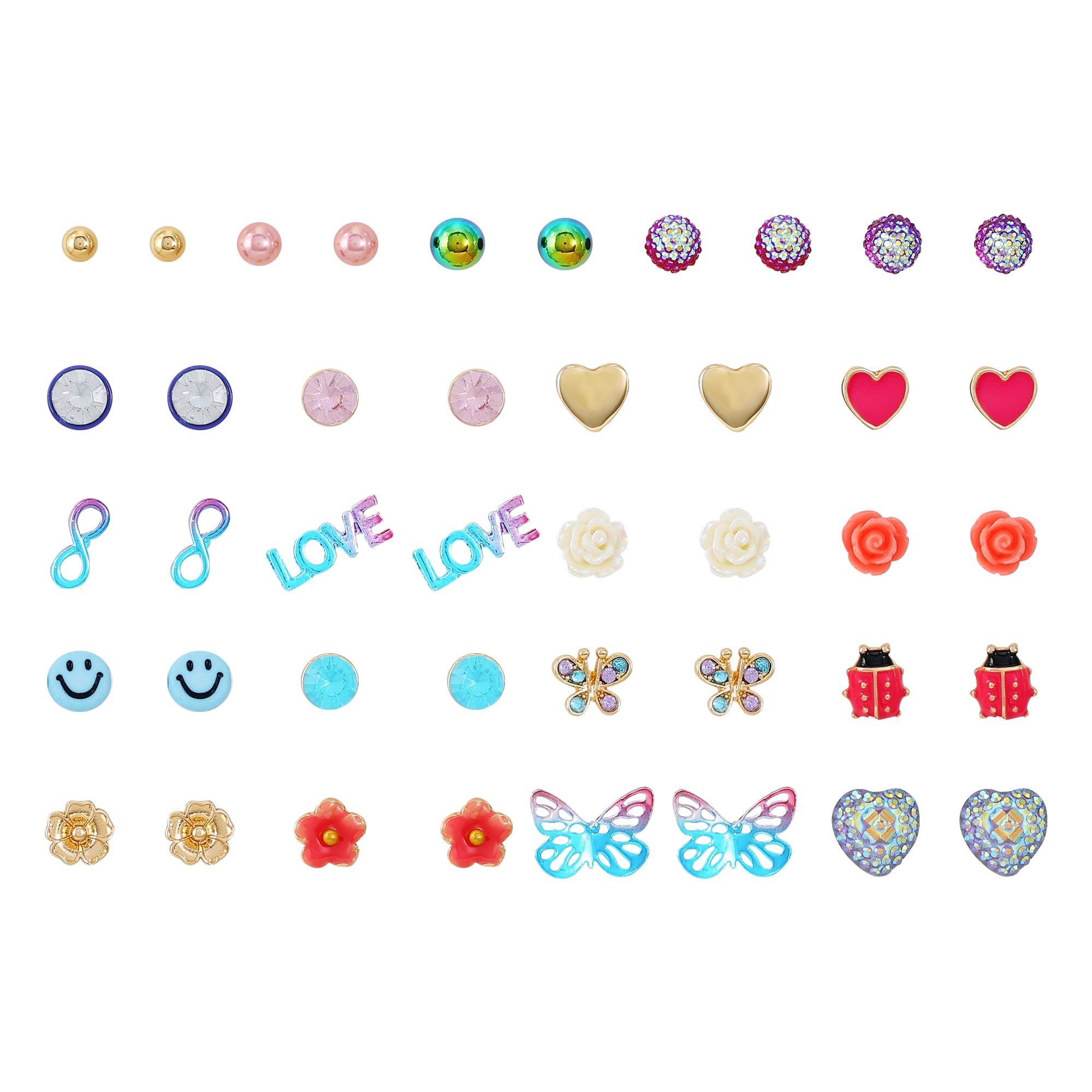 Young Women's Wonder Nation mulit color 21 Pack Stud Earring Set featuring Butterflies, Love, and Hearts.