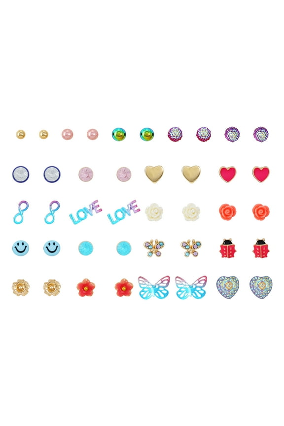 Young Women's Wonder Nation mulit color 21 Pack Stud Earring Set featuring Butterflies, Love, and Hearts.